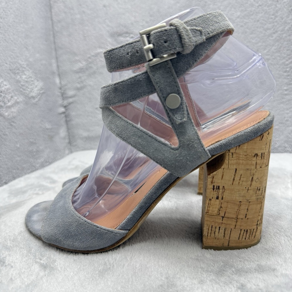 Sigerson Morrison Women's 7.5 B Gray Suede Cork Block Heel Ankle Strap Sandals